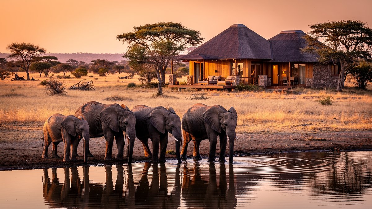 Elefanten am Wasserloch von Elephant Sands bei Sonnenuntergang